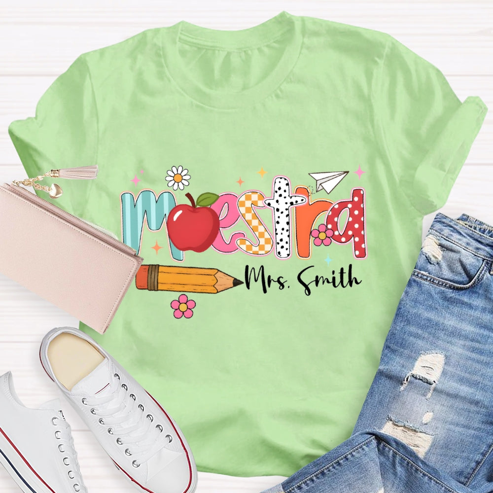 Personalized Name Maestra Apple And Pencil Bilingual Teacher T-shirt