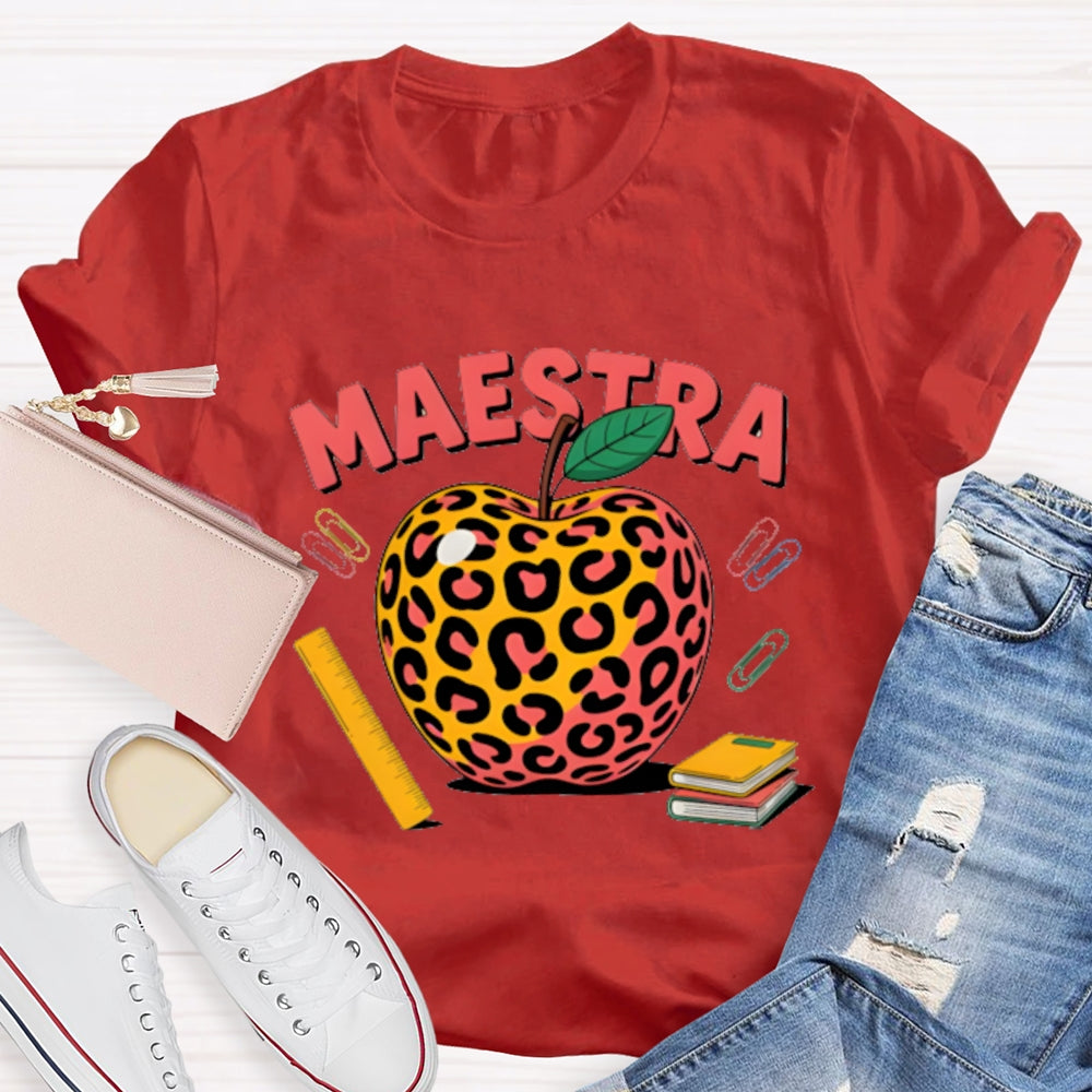 Maestra Leopard Apple Bilingual Teacher T-shirt