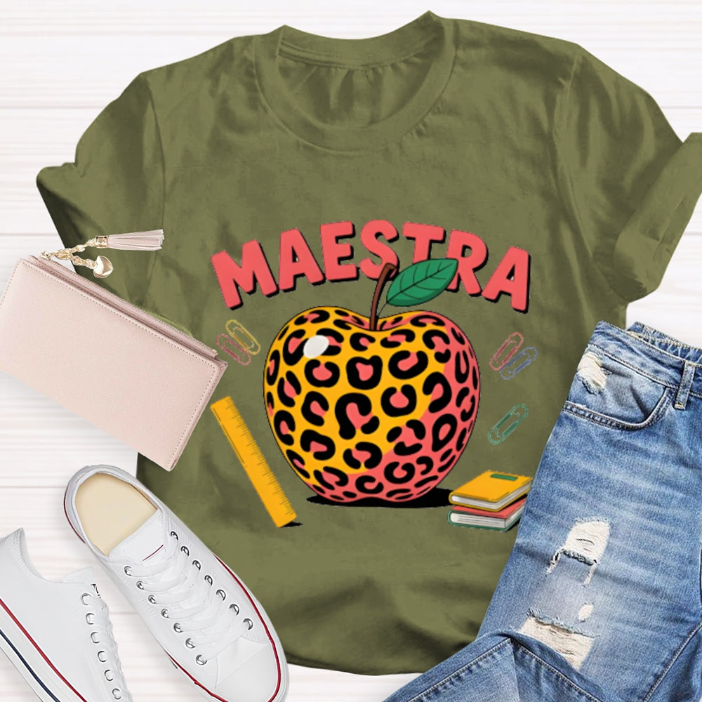 Maestra Leopard Apple Bilingual Teacher T-shirt
