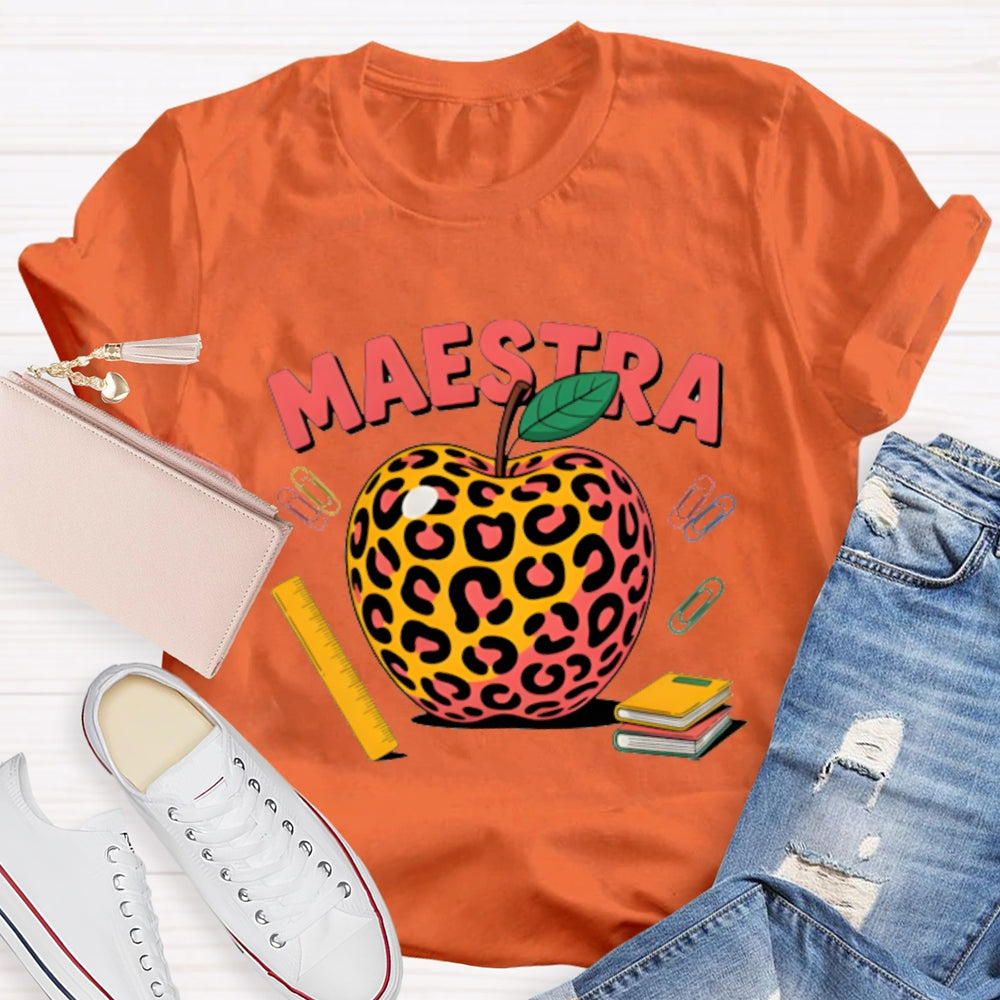Maestra Leopard Apple Bilingual Teacher T-shirt