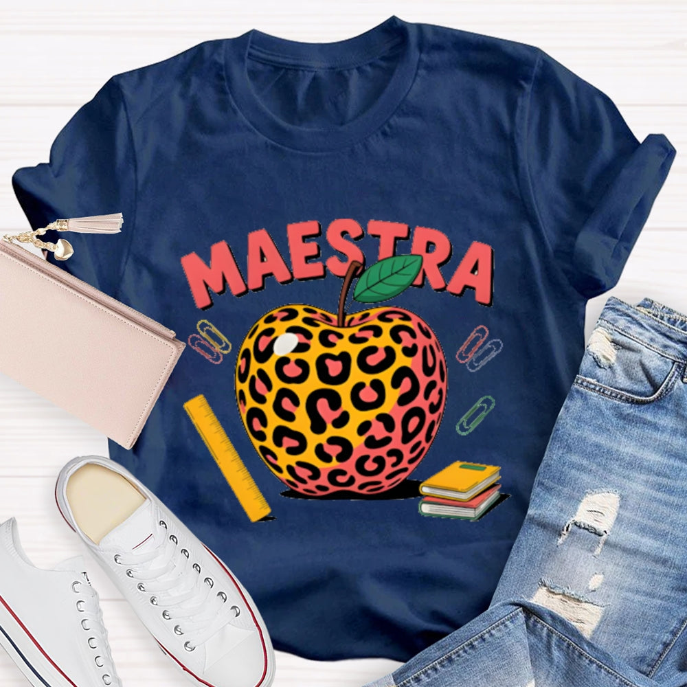 Maestra Leopard Apple Bilingual Teacher T-shirt