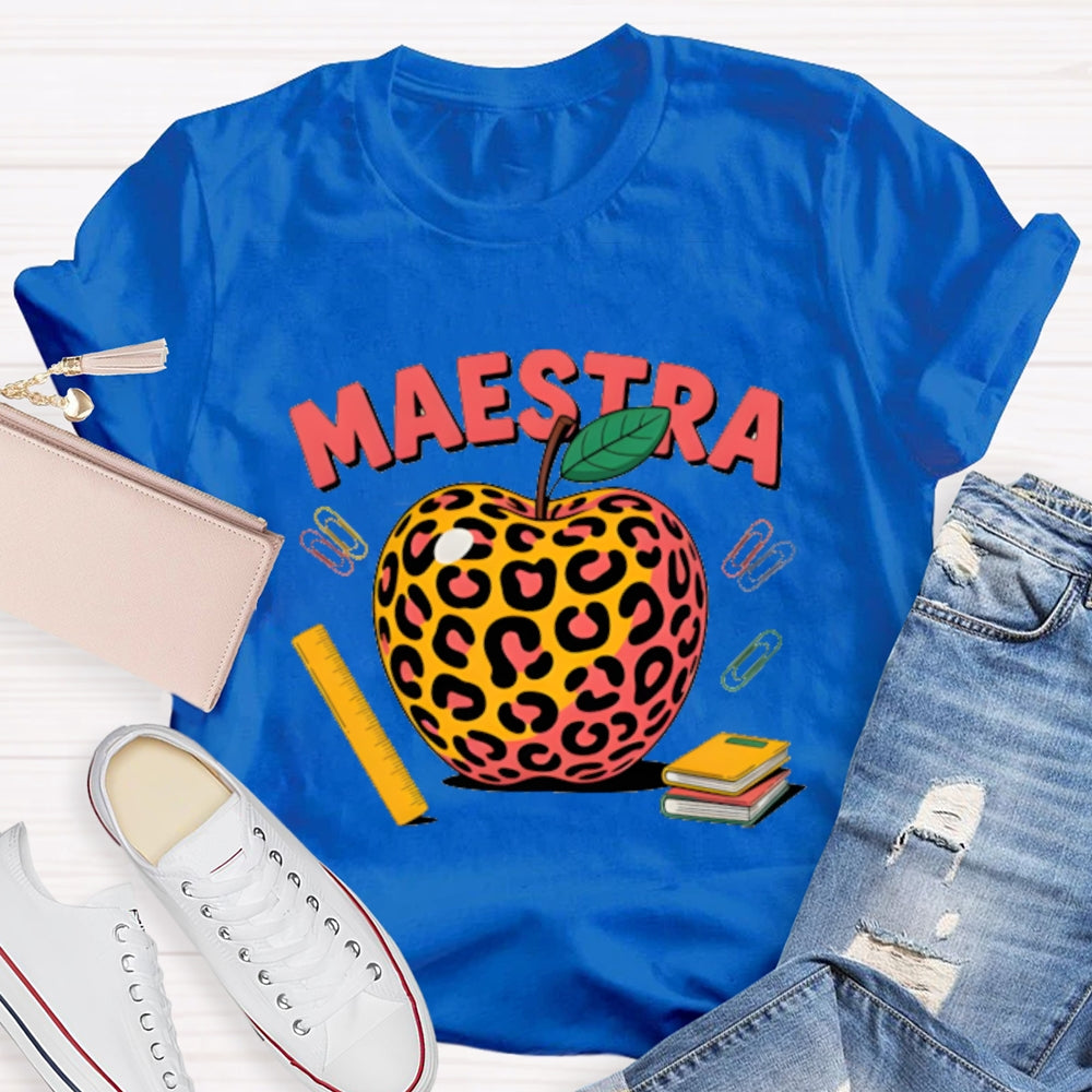 Maestra Leopard Apple Bilingual Teacher T-shirt