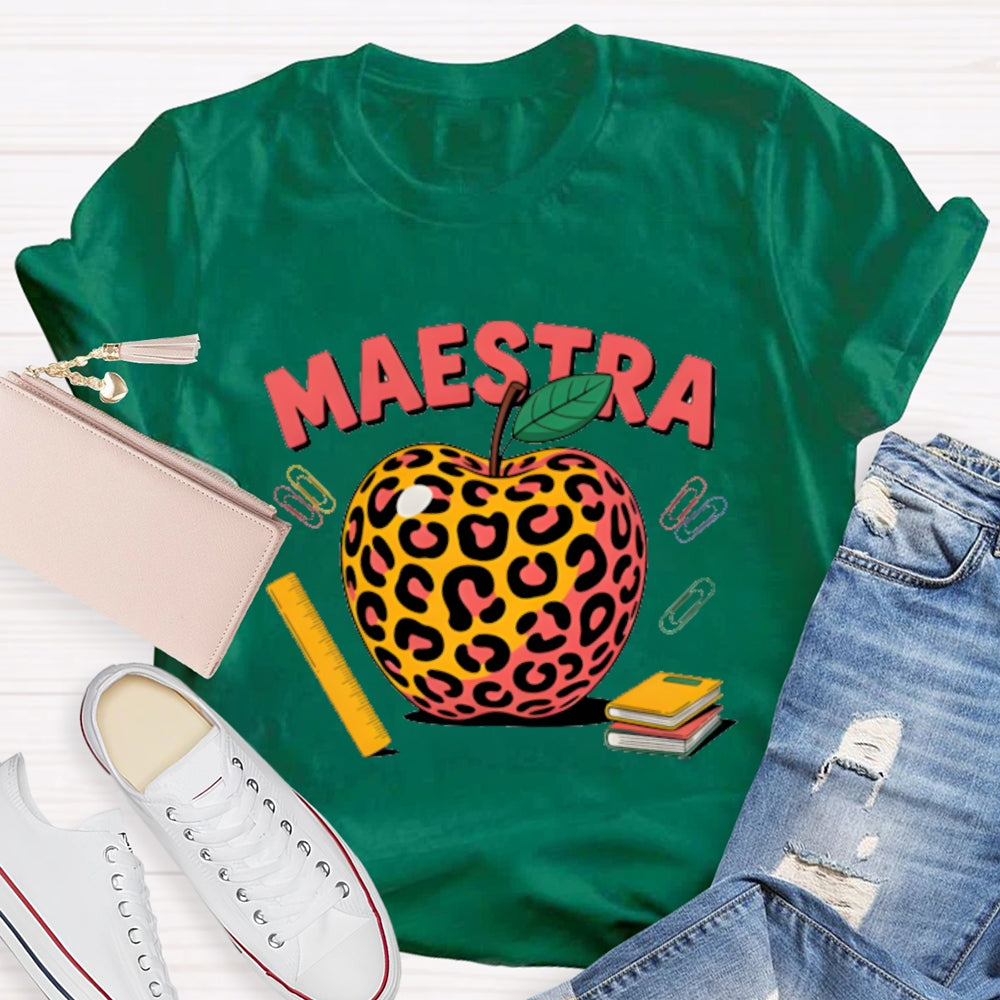 Maestra Leopard Apple Bilingual Teacher T-shirt