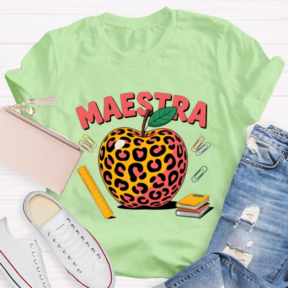 Maestra Leopard Apple Bilingual Teacher T-shirt