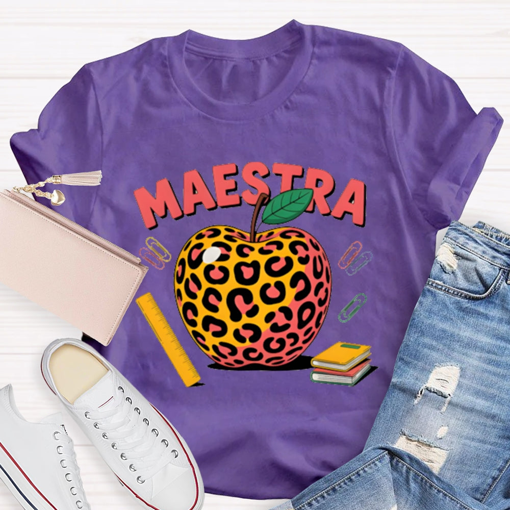 Maestra Leopard Apple Bilingual Teacher T-shirt