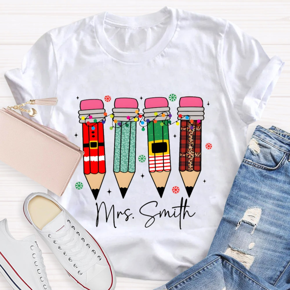 Personalized Name Snowflakes And Christmas Lights Pencil Christmas T-shirt