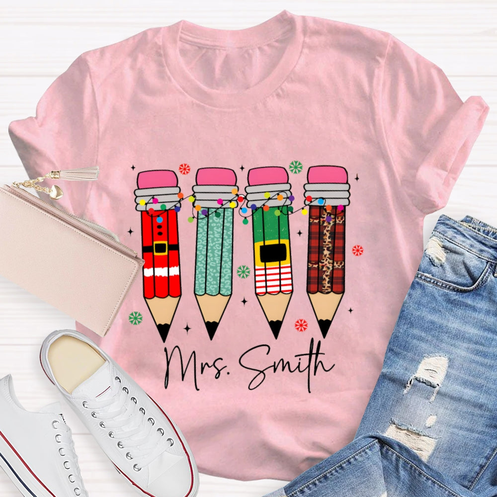 Personalized Name Snowflakes And Christmas Lights Pencil Christmas T-shirt