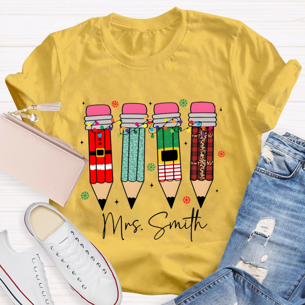 Personalized Name Snowflakes And Christmas Lights Pencil Christmas T-shirt