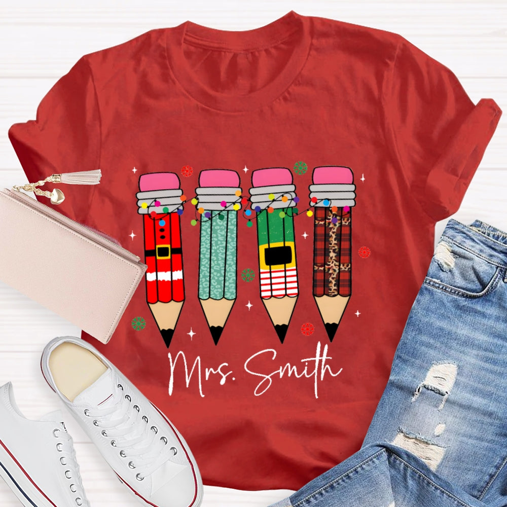 Personalized Name Snowflakes And Christmas Lights Pencil Christmas T-shirt