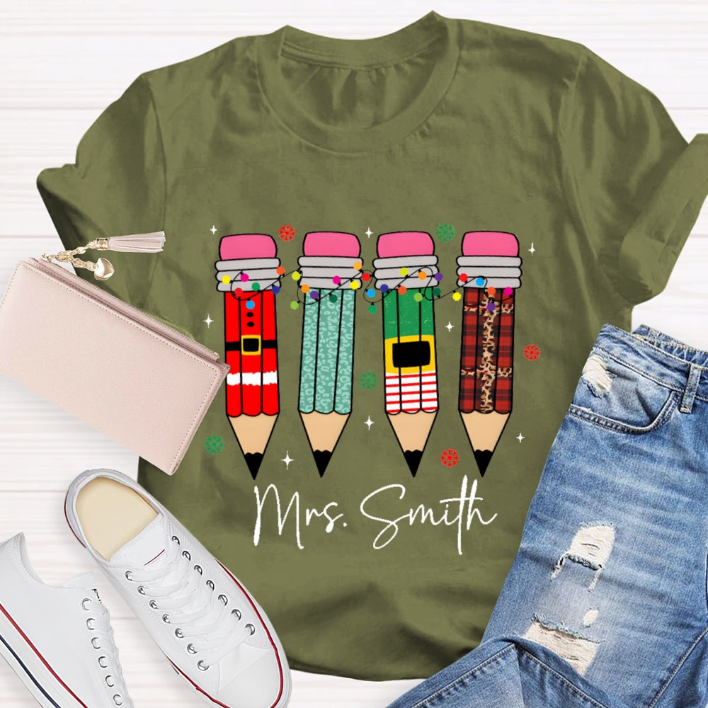 Personalized Name Snowflakes And Christmas Lights Pencil Christmas T-shirt
