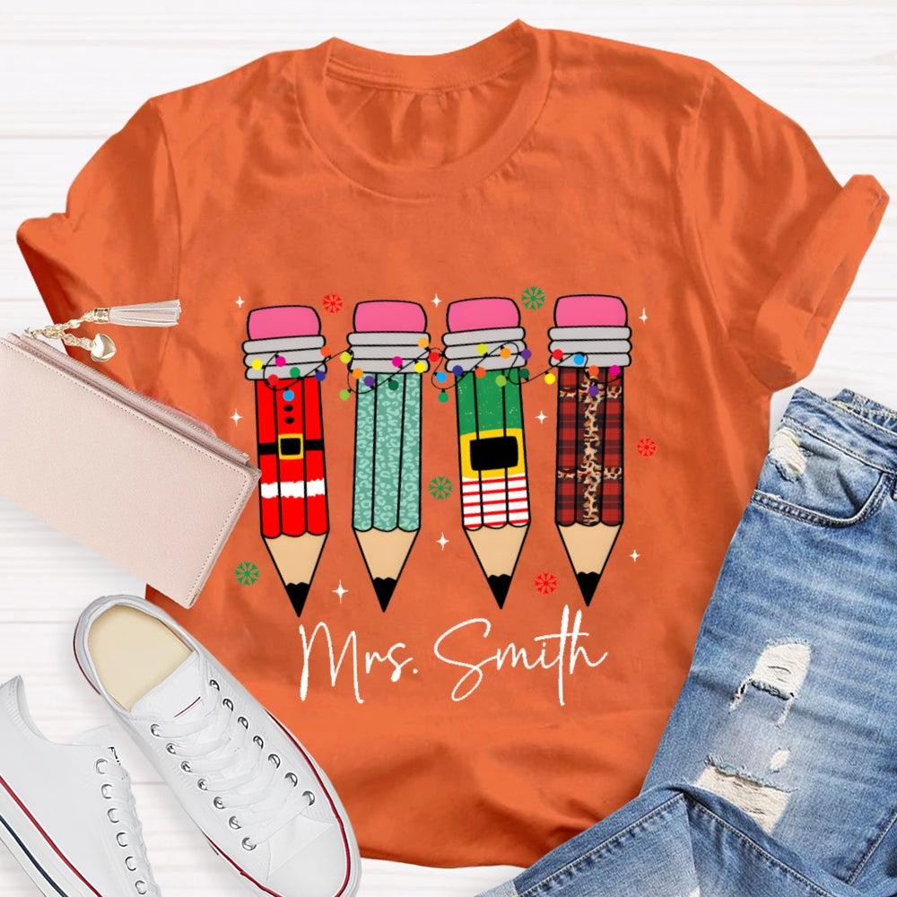Personalized Name Snowflakes And Christmas Lights Pencil Christmas T-shirt