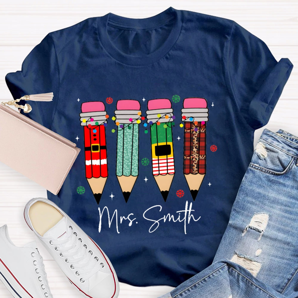 Personalized Name Snowflakes And Christmas Lights Pencil Christmas T-shirt
