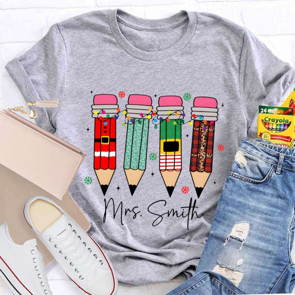 Personalized Name Snowflakes And Christmas Lights Pencil Christmas T-shirt
