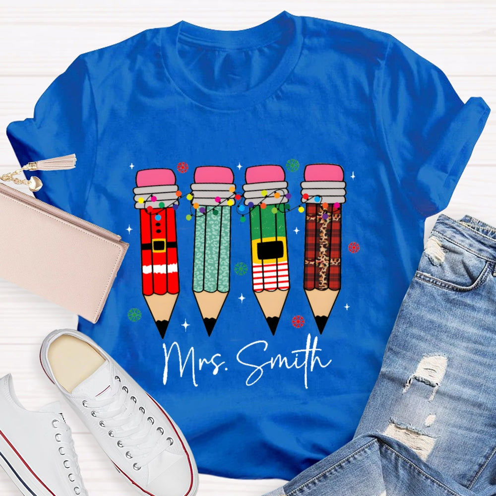 Personalized Name Snowflakes And Christmas Lights Pencil Christmas T-shirt