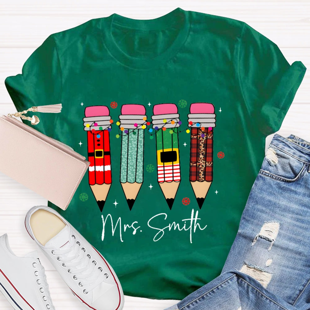 Personalized Name Snowflakes And Christmas Lights Pencil Christmas T-shirt