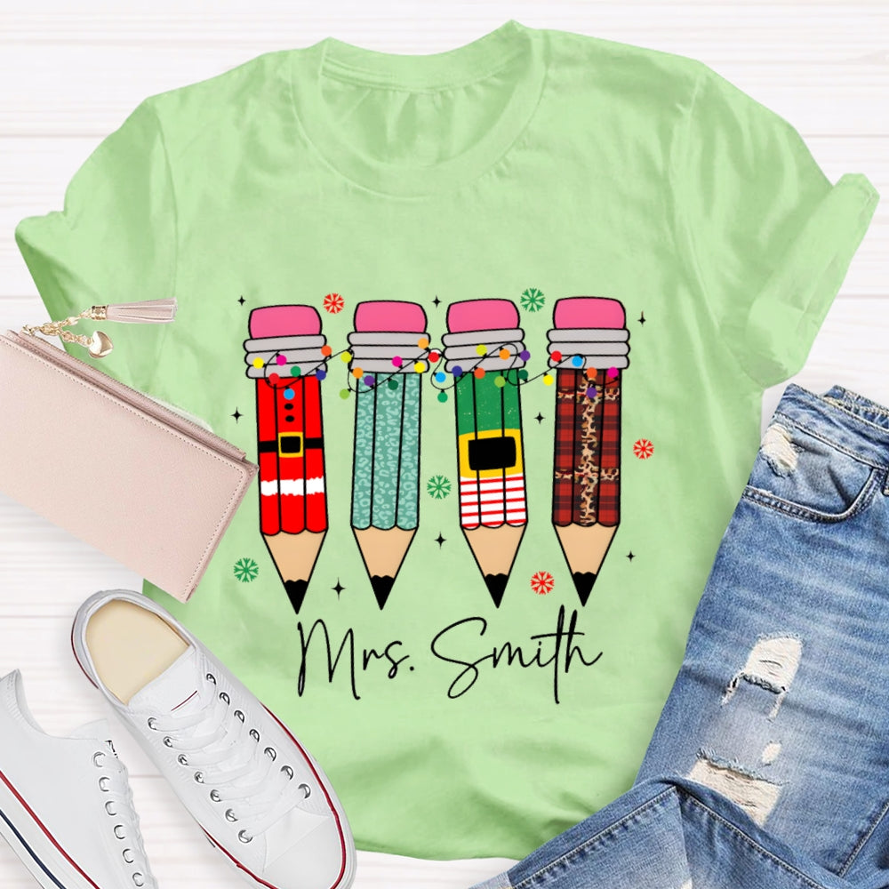 Personalized Name Snowflakes And Christmas Lights Pencil Christmas T-shirt