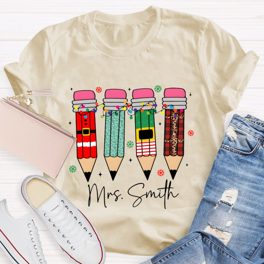 Personalized Name Snowflakes And Christmas Lights Pencil Christmas T-shirt