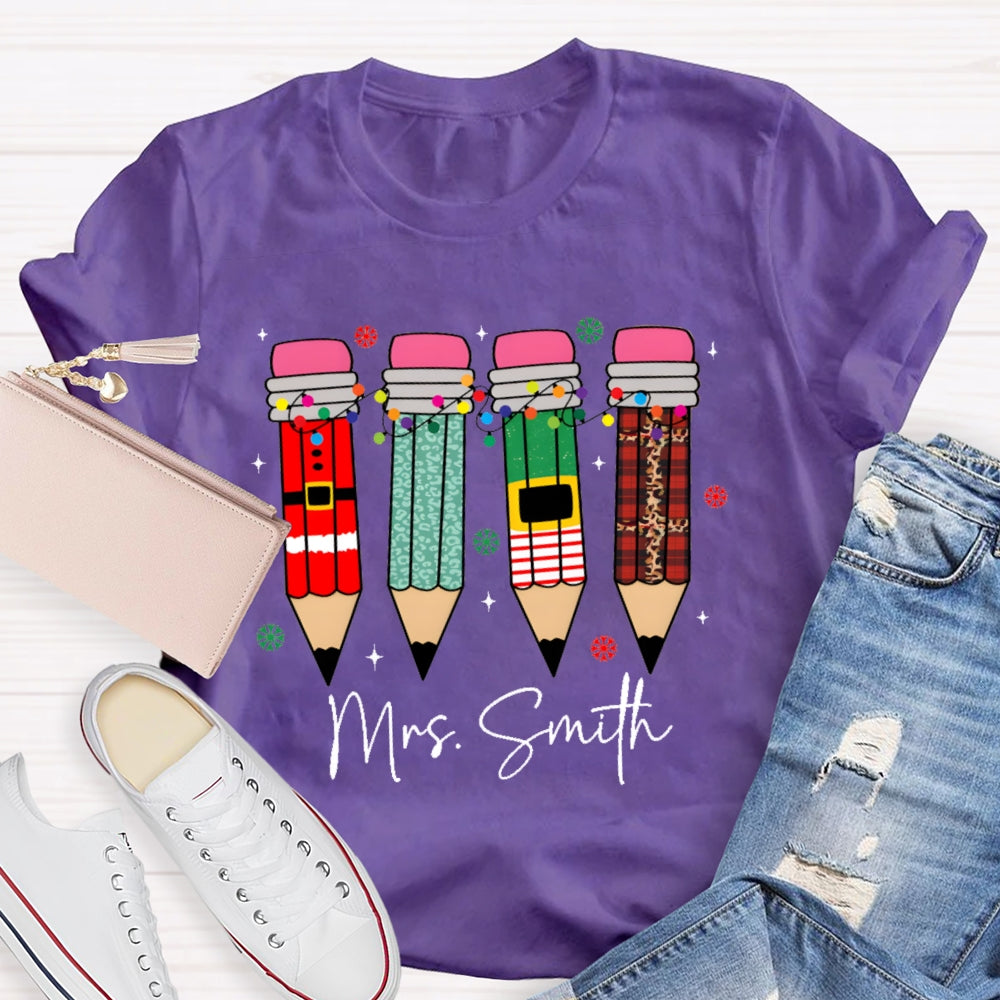 Personalized Name Snowflakes And Christmas Lights Pencil Christmas T-shirt
