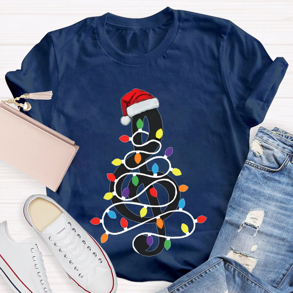 Musical Notes Wrapped Around Christmas Lights Music Teacher Christmas T-shirt