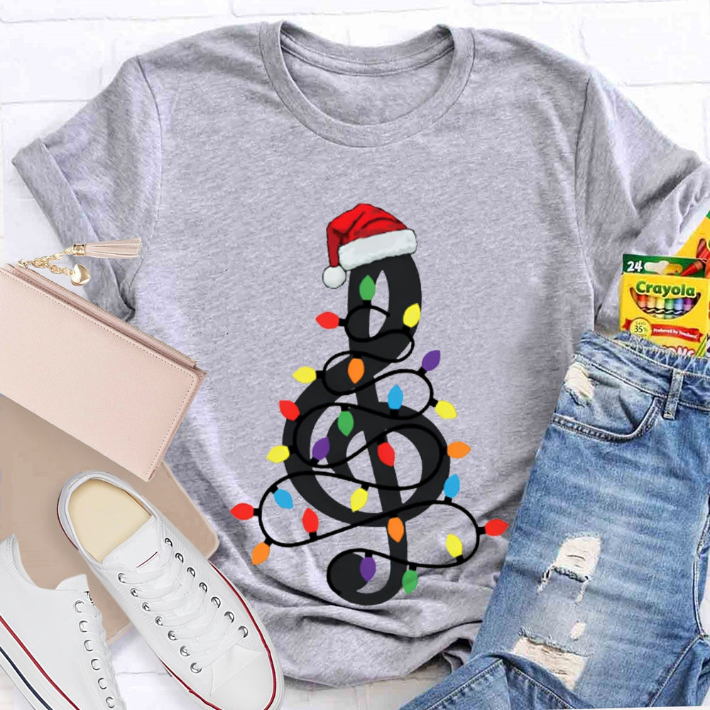Musical Notes Wrapped Around Christmas Lights Music Teacher Christmas T-shirt