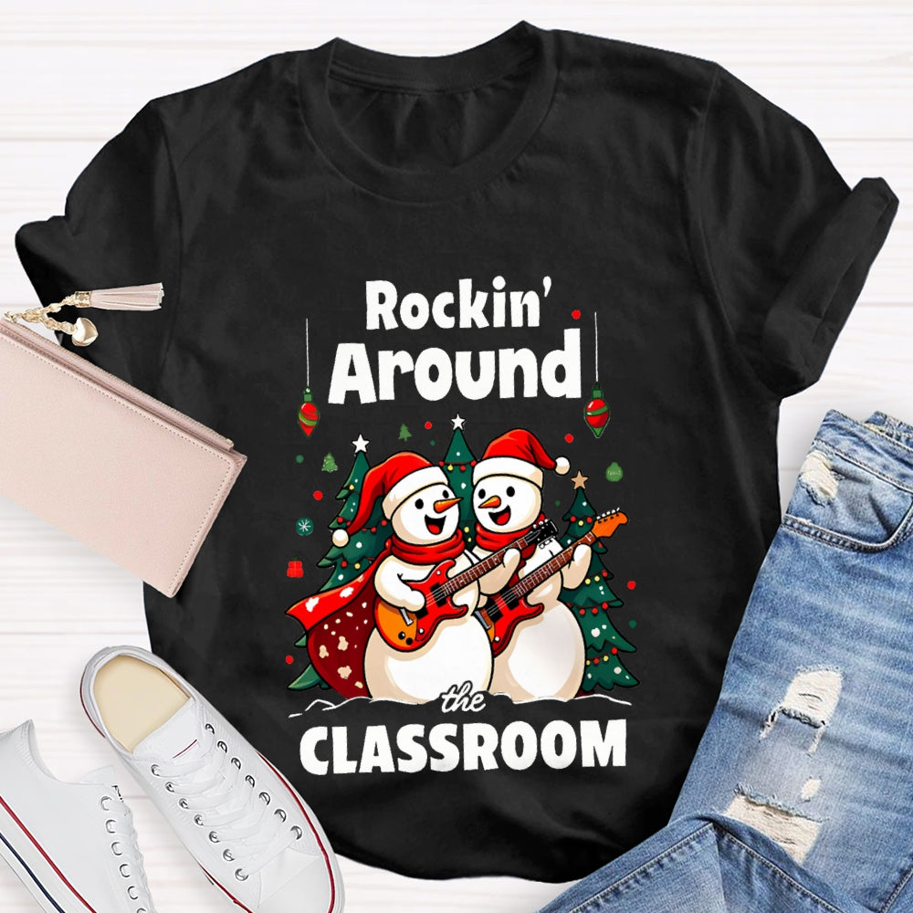 Rockin Around The Classroom Snowman Playing Guitar Christmas T-shirt