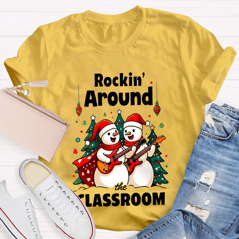 Rockin Around The Classroom Snowman Playing Guitar Christmas T-shirt