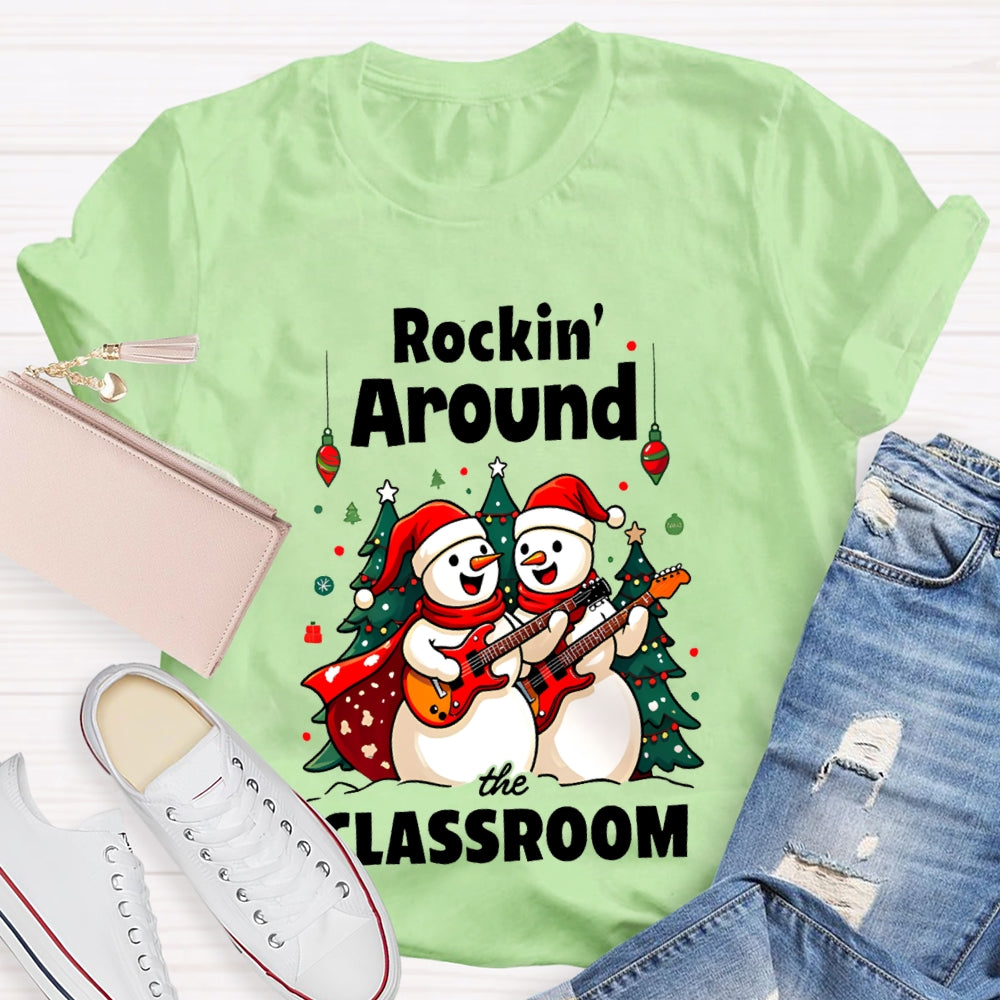Rockin Around The Classroom Snowman Playing Guitar Christmas T-shirt
