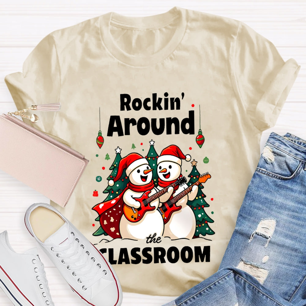 Rockin Around The Classroom Snowman Playing Guitar Christmas T-shirt
