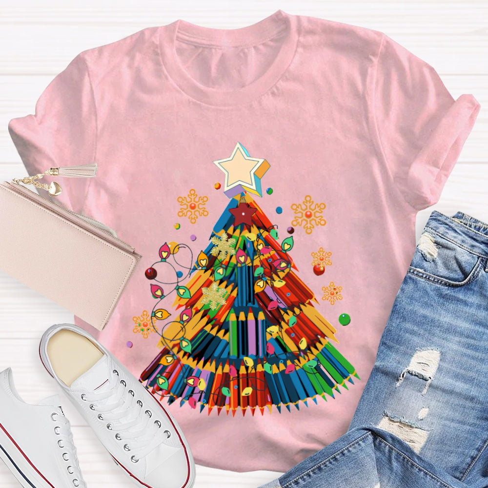 Colorful Crayon Christmas Tree Snowflakes And Colorful Lights Art Teacher T-shirt