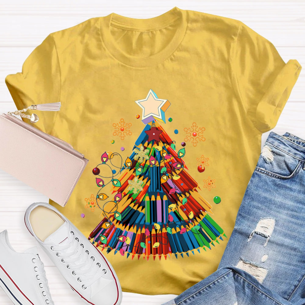 Colorful Crayon Christmas Tree Snowflakes And Colorful Lights Art Teacher T-shirt