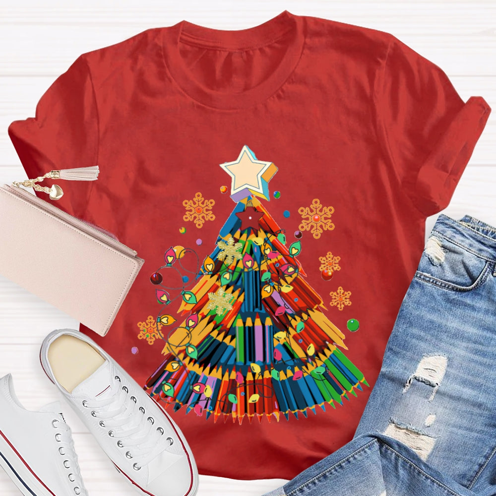 Colorful Crayon Christmas Tree Snowflakes And Colorful Lights Art Teacher T-shirt