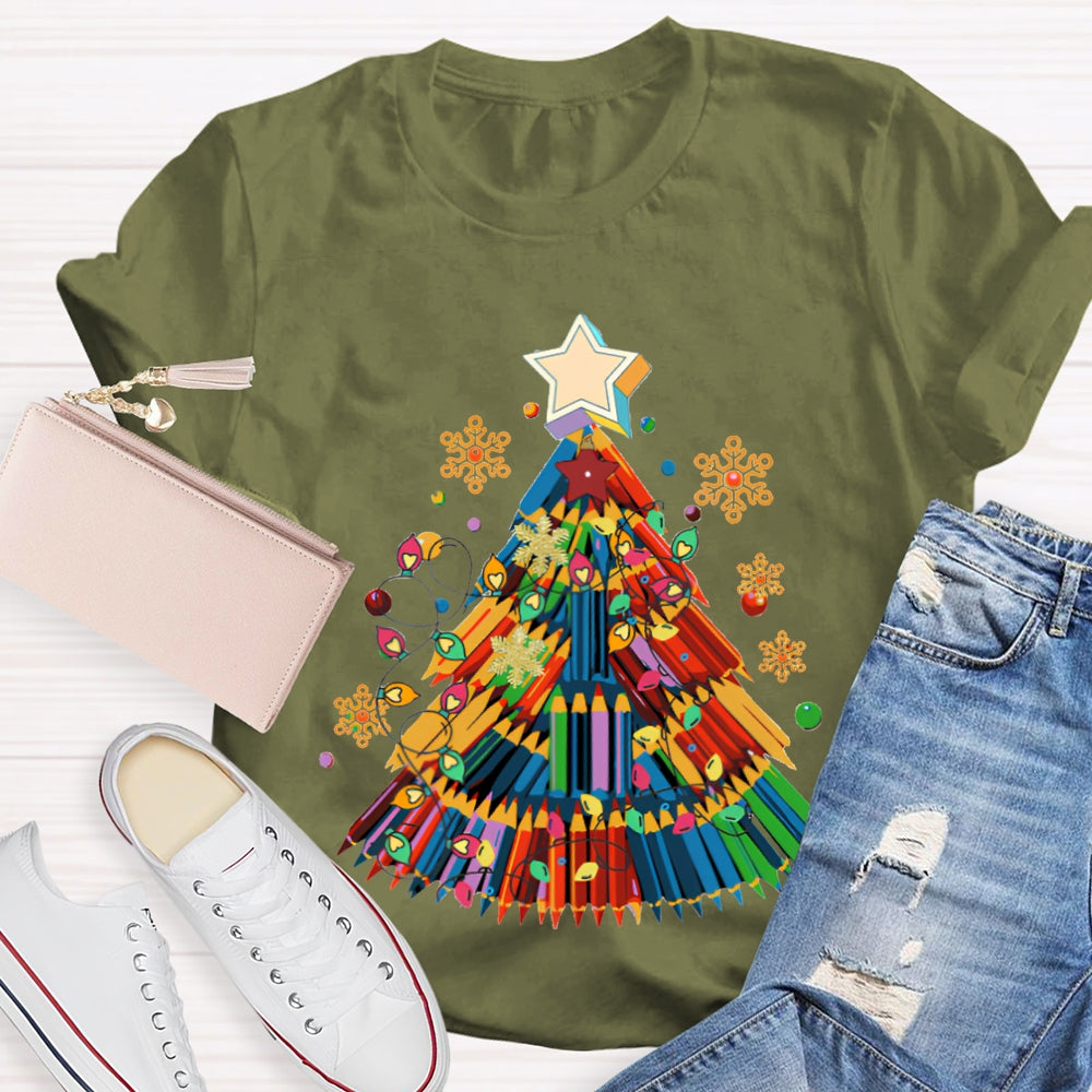 Colorful Crayon Christmas Tree Snowflakes And Colorful Lights Art Teacher T-shirt
