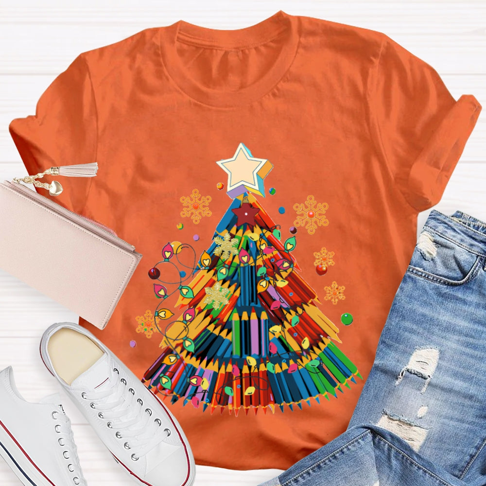 Colorful Crayon Christmas Tree Snowflakes And Colorful Lights Art Teacher T-shirt