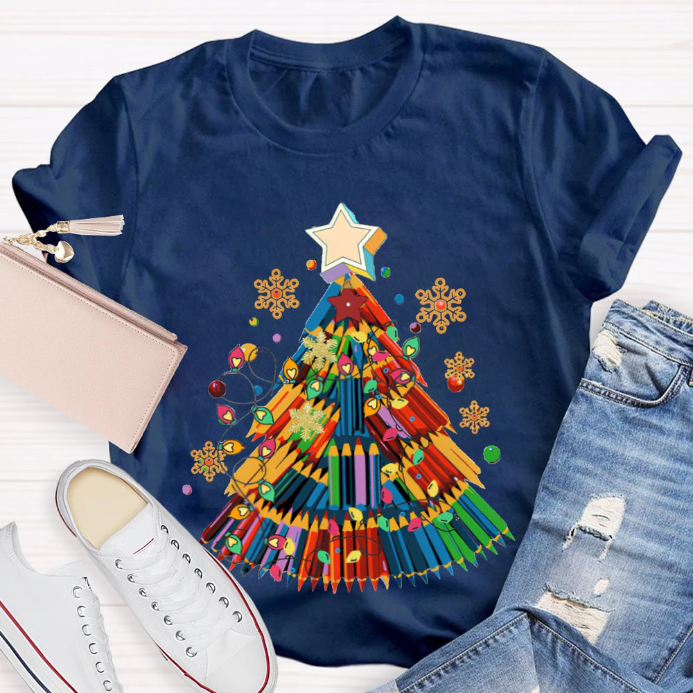 Colorful Crayon Christmas Tree Snowflakes And Colorful Lights Art Teacher T-shirt