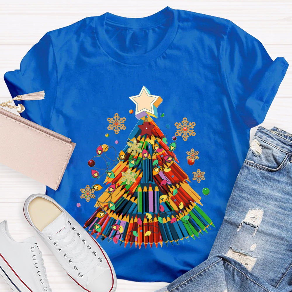 Colorful Crayon Christmas Tree Snowflakes And Colorful Lights Art Teacher T-shirt