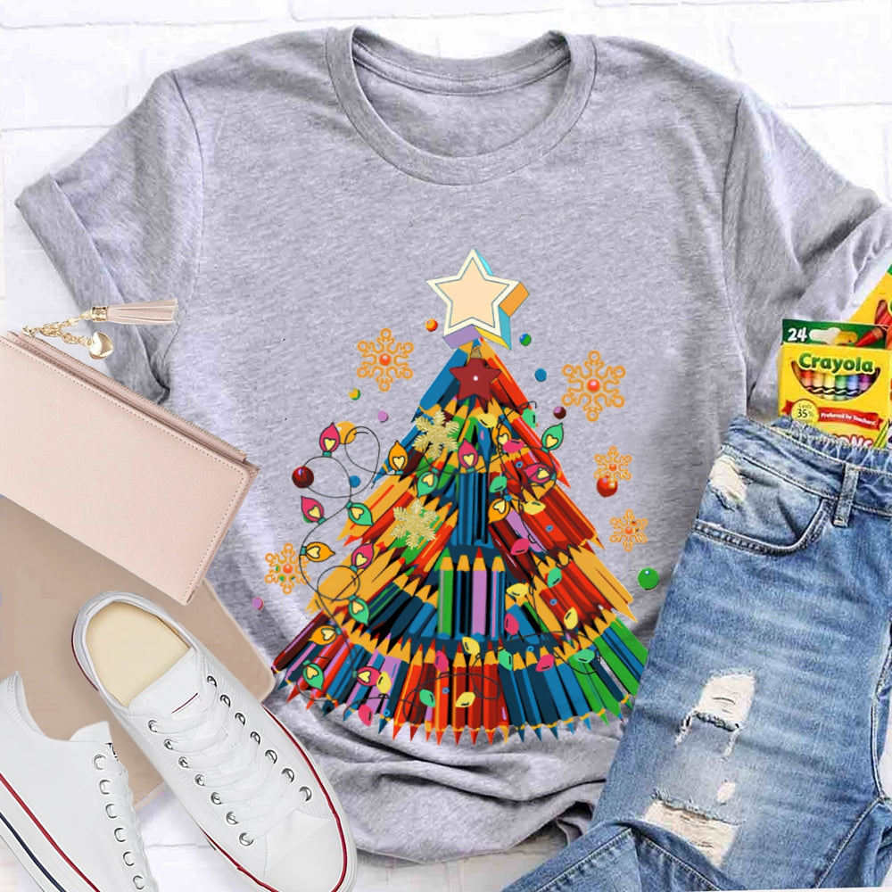 Colorful Crayon Christmas Tree Snowflakes And Colorful Lights Art Teacher T-shirt