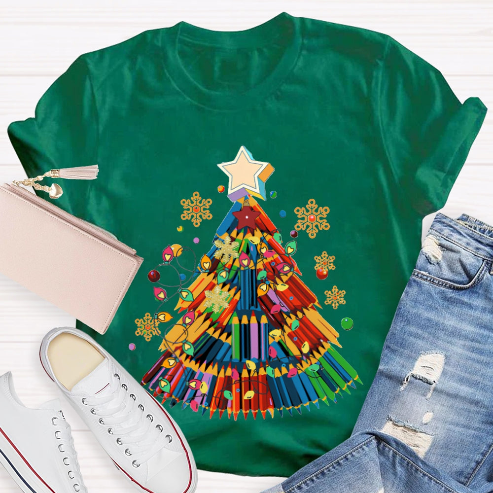 Colorful Crayon Christmas Tree Snowflakes And Colorful Lights Art Teacher T-shirt