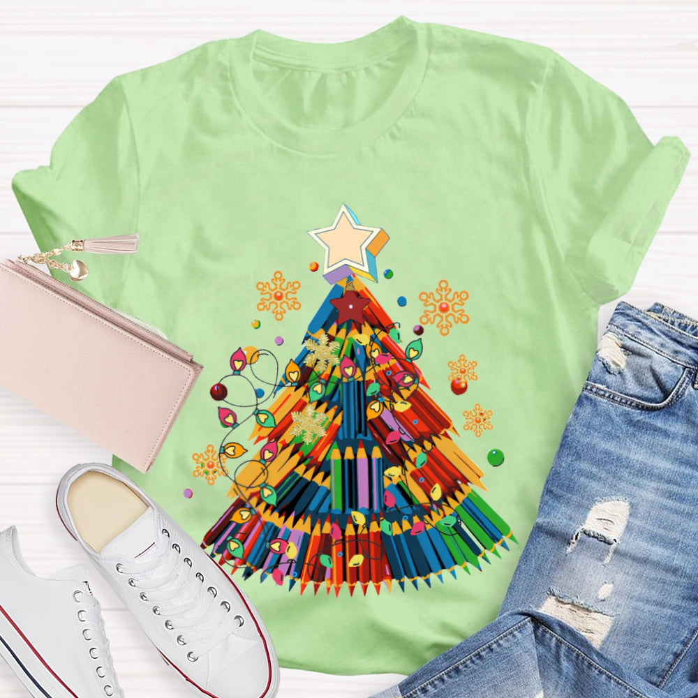 Colorful Crayon Christmas Tree Snowflakes And Colorful Lights Art Teacher T-shirt