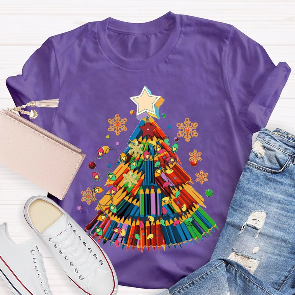 Colorful Crayon Christmas Tree Snowflakes And Colorful Lights Art Teacher T-shirt