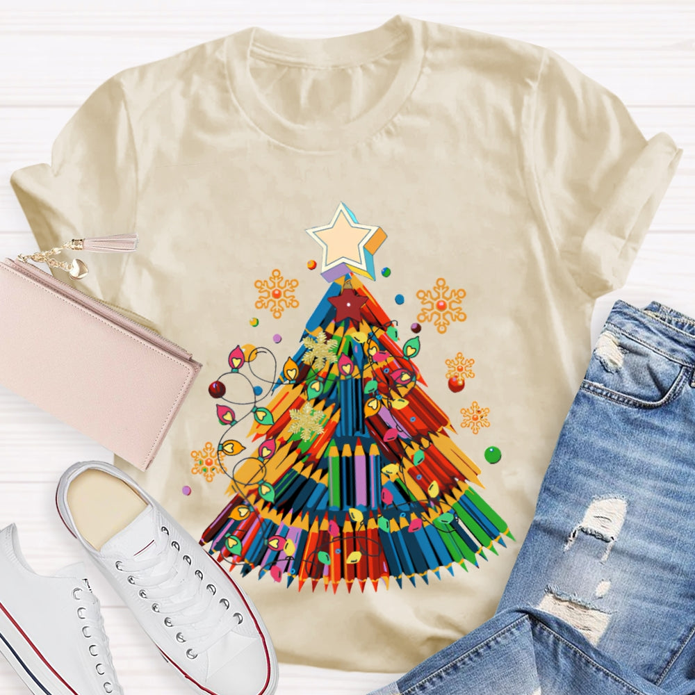 Colorful Crayon Christmas Tree Snowflakes And Colorful Lights Art Teacher T-shirt