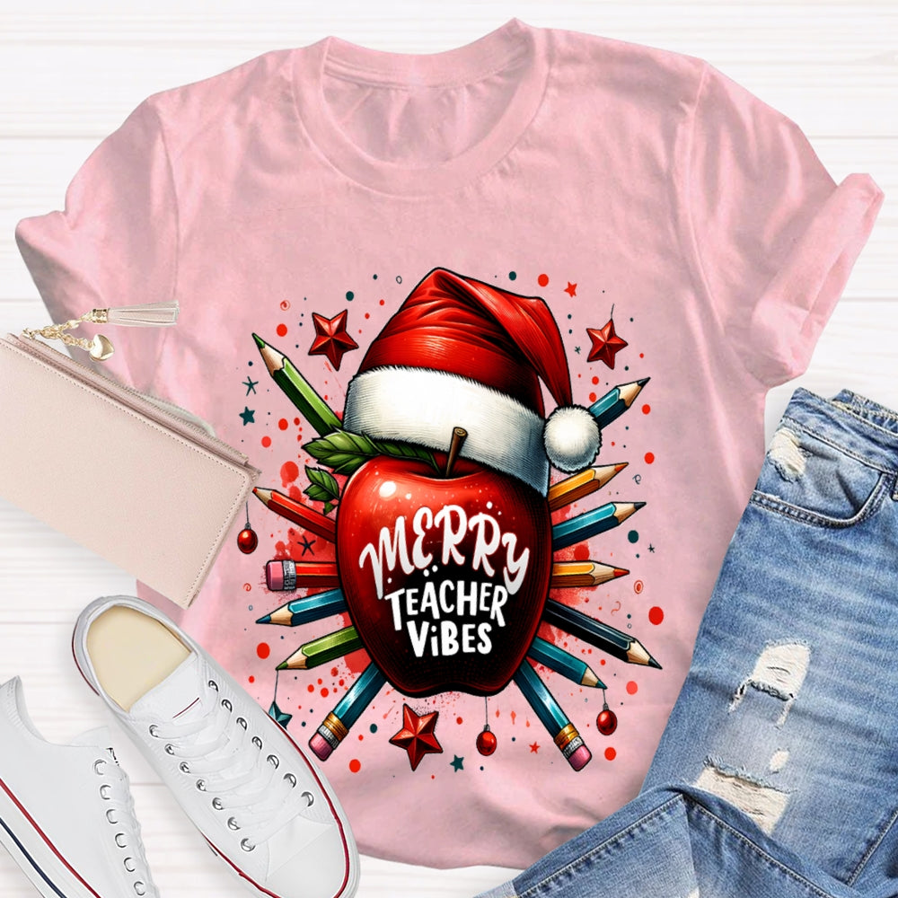 Merry Teacher Vibes Christmas Hat And Peace Apple T-shirt