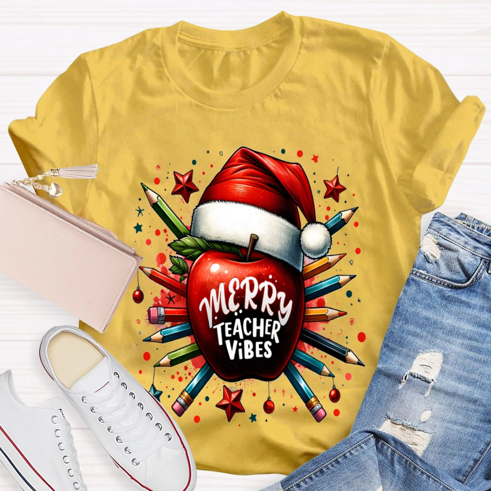 Merry Teacher Vibes Christmas Hat And Peace Apple T-shirt