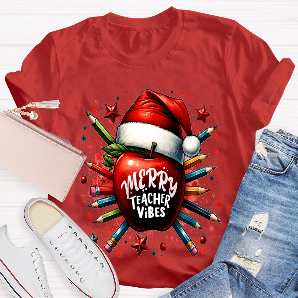 Merry Teacher Vibes Christmas Hat And Peace Apple T-shirt