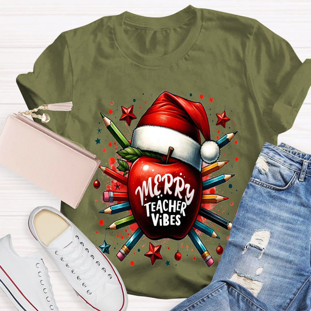 Merry Teacher Vibes Christmas Hat And Peace Apple T-shirt