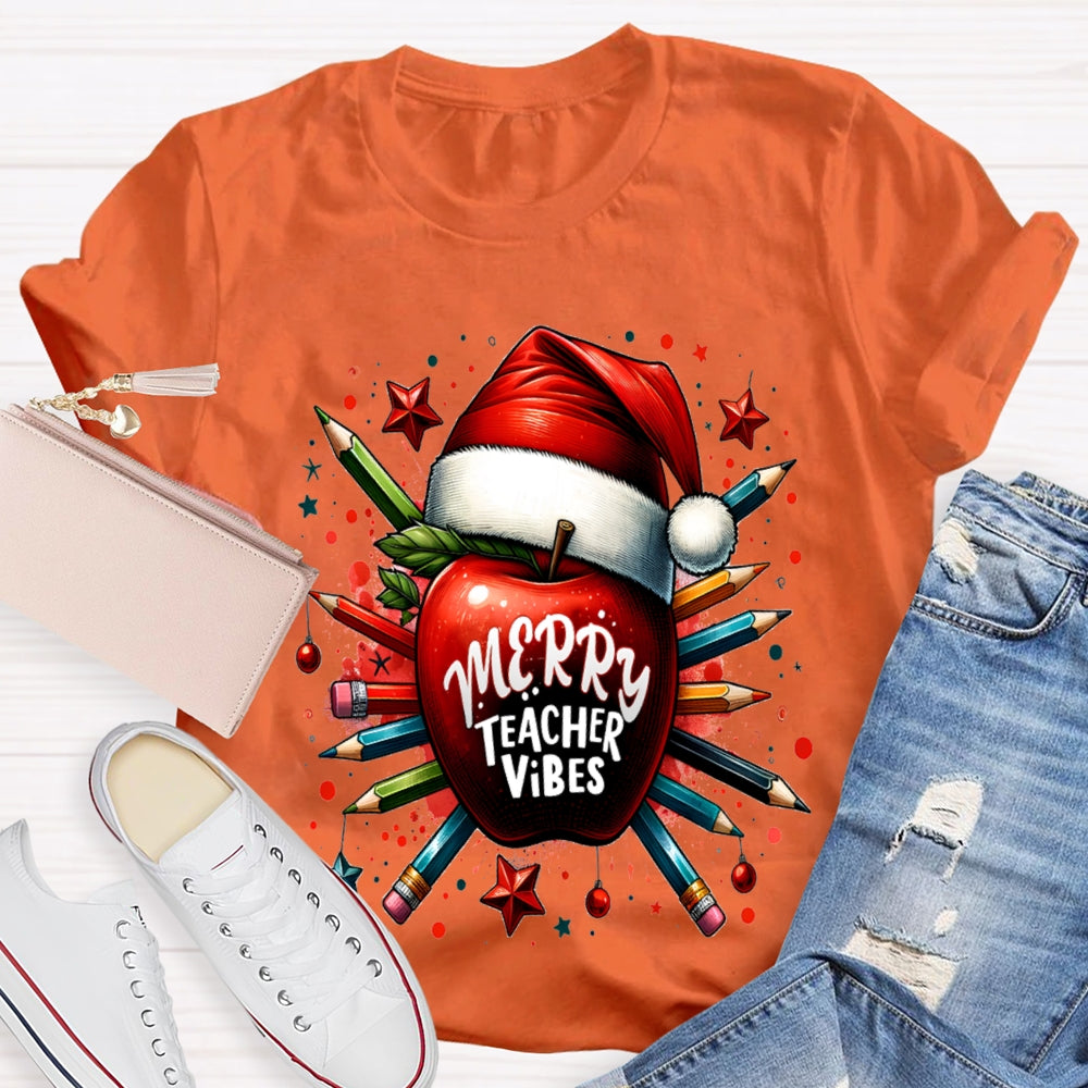Merry Teacher Vibes Christmas Hat And Peace Apple T-shirt