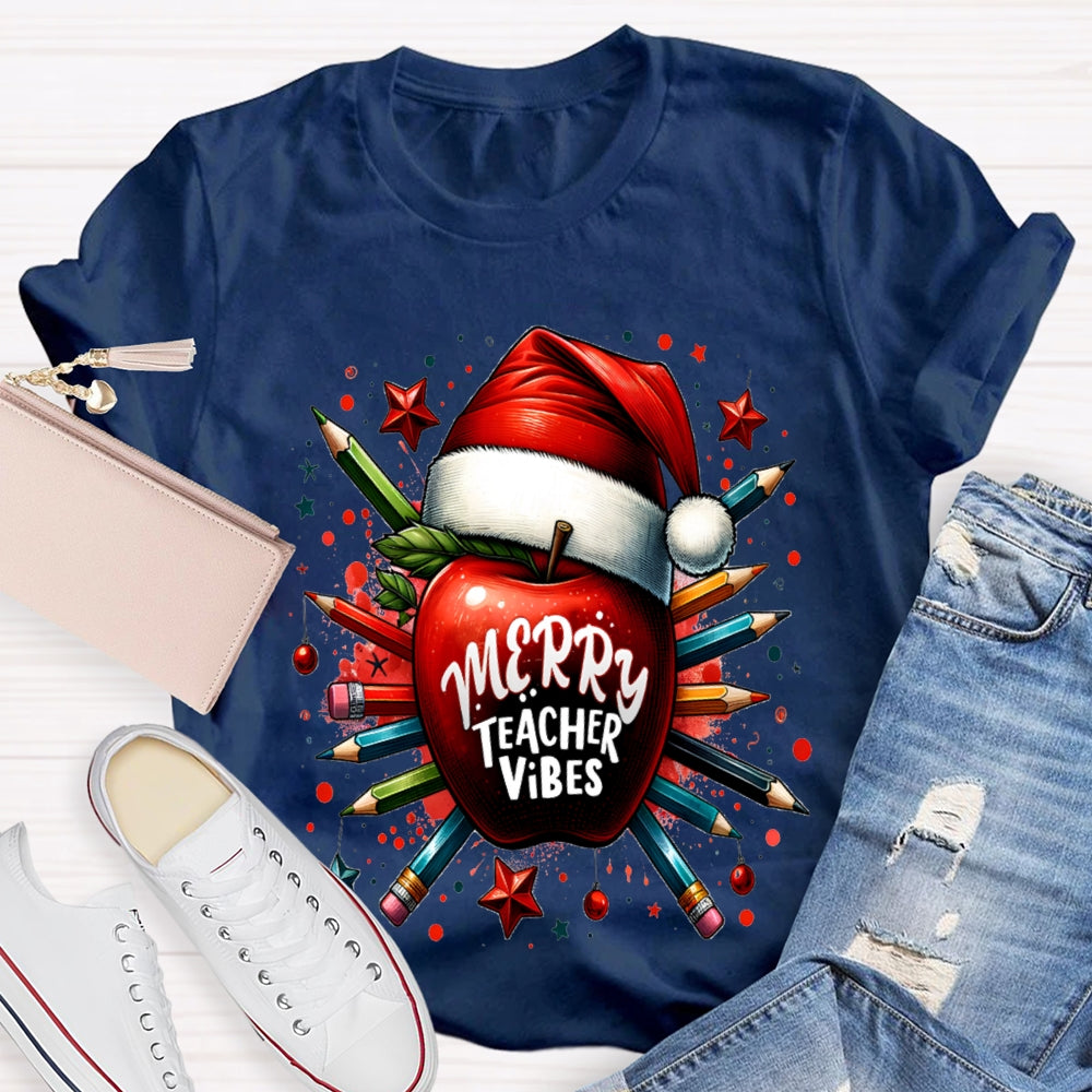 Merry Teacher Vibes Christmas Hat And Peace Apple T-shirt