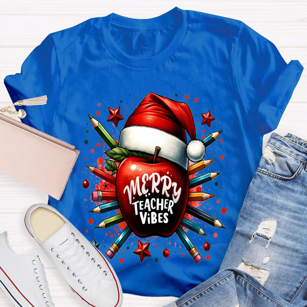 Merry Teacher Vibes Christmas Hat And Peace Apple T-shirt