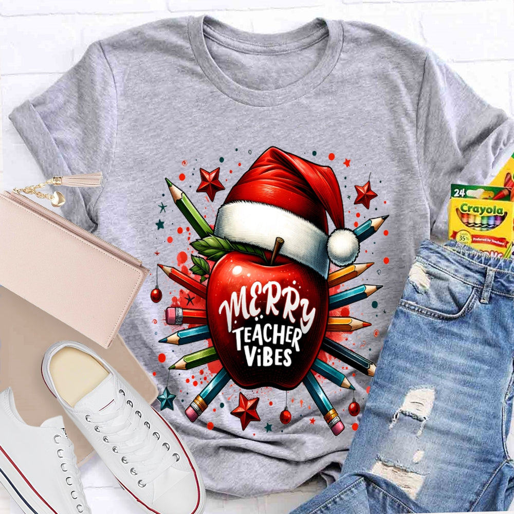 Merry Teacher Vibes Christmas Hat And Peace Apple T-shirt
