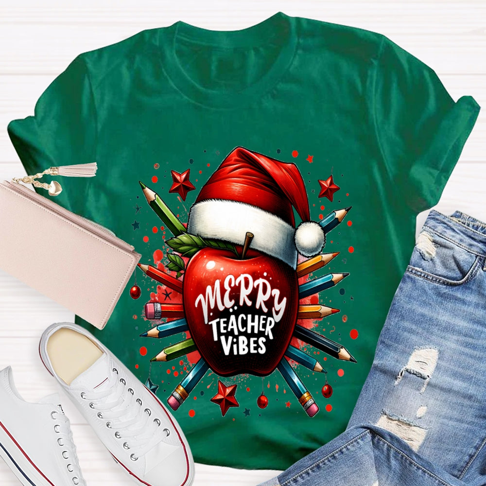 Merry Teacher Vibes Christmas Hat And Peace Apple T-shirt