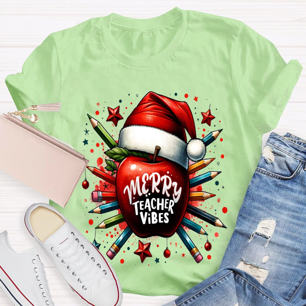 Merry Teacher Vibes Christmas Hat And Peace Apple T-shirt